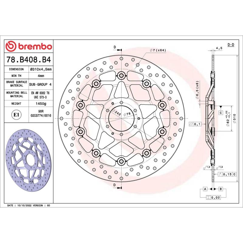 Disque de frein arrière BREMBO 78B408B4 - Visuel 1
