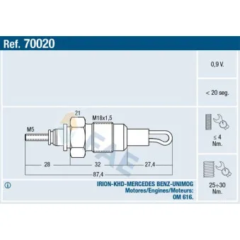 Bougie de préchauffage FAE 70020 pour MERCEDES-BENZ T2/L L 405 D - 60cv