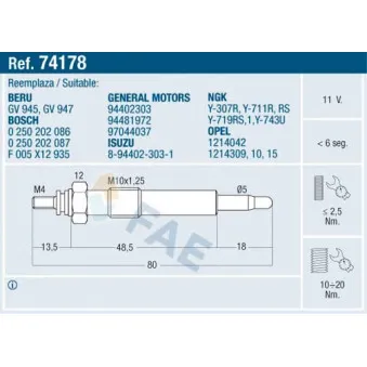 Bougie de préchauffage FAE OEM 1214042