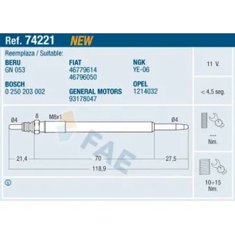 Bougie de préchauffage FAE OEM 93178047