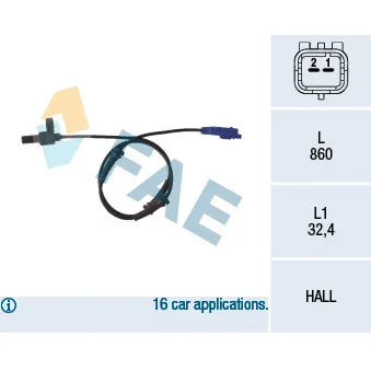 Capteur, vitesse de roue FAE 78116 pour PEUGEOT 206 1.4 HDI eco 70 - 68cv