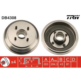 Tambour de frein TRW DB4308 pour MAZDA 2 1.25 - 75cv
