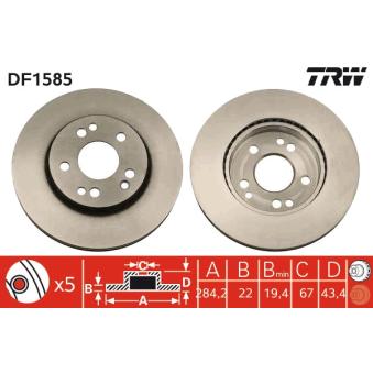 Jeu de 2 disques de frein avant TRW DF1585 pour MERCEDES-BENZ CLASSE E E 280 T - 197cv
