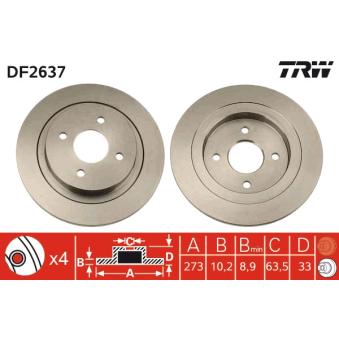 Jeu de 2 disques de frein arrière TRW DF2637 pour FORD SIERRA 2.0 RS Cosworth - 204cv