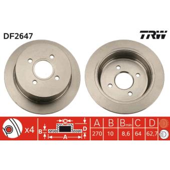 Jeu de 2 disques de frein arrière TRW DF2647 pour FORD ORION 1.6 i - 105cv