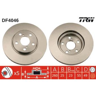 Jeu de 2 disques de frein avant TRW DF4046 pour TOYOTA AVENSIS 2.0 - 128cv