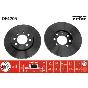 Jeu de 2 disques de frein avant TRW DF4205 pour AUDI A2 1.2 TDI - 61cv