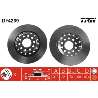 Jeu de 2 disques de frein arrière TRW DF4269 pour AUDI A8 2.8 FSI - 210cv