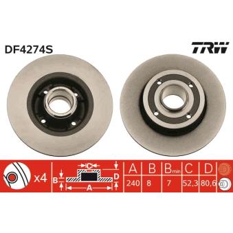 Jeu de 2 disques de frein arrière TRW DF4274S pour FORD KUGA 1.6 - 110cv