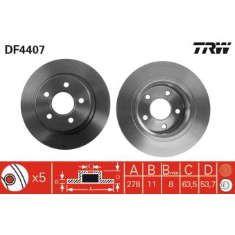 Jeu de 2 disques de frein arrière TRW DF4407 pour FORD TRANSIT CONNECT 1.8 TDCi - 110cv