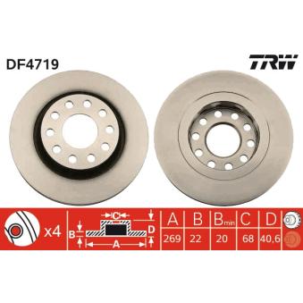 Jeu de 2 disques de frein arrière TRW DF4719 pour AUDI A6 3.0 - 218cv