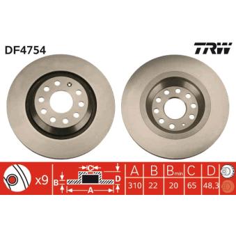 Jeu de 2 disques de frein arrière TRW DF4754 pour SEAT LEON 2.0 Cupra - 280cv