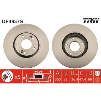 Jeu de 2 disques de frein avant TRW DF4957S pour DODGE CHARGER 1.6 CRDi - 110cv