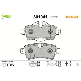 Jeu de 4 plaquettes de frein arrière VALEO 301041 pour CITROEN JUMPY Cooper S - 174cv