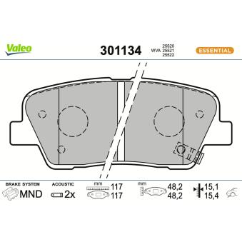 Jeu de 4 plaquettes de frein arrière VALEO 301134 pour KIA STINGER 2.0 T-GDI - 197cv