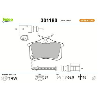 Jeu de 4 plaquettes de frein arrière VALEO 301180 pour PEUGEOT 405 1.9 4x4 - 126cv