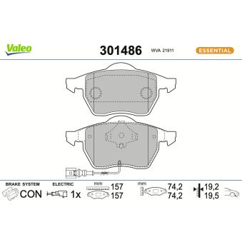 Jeu de 4 plaquettes de frein avant VALEO 301486 pour TOYOTA HIACE 1.9 TDI - 131cv
