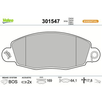Jeu de 4 plaquettes de frein avant VALEO 301547 pour VOLKSWAGEN CADDY 2.0 DI - 100cv