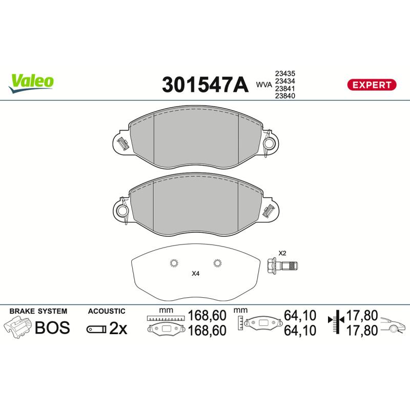 Jeu de 4 plaquettes de frein avant VALEO 301547A - Visuel 1