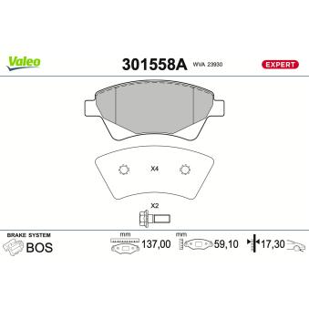 Jeu de 4 plaquettes de frein avant VALEO 301558A pour TOYOTA COROLLA 1.9 DCI - 110cv