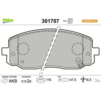 Jeu de 4 plaquettes de frein avant VALEO 301707 pour PEUGEOT EXPERT 1.1 - 65cv