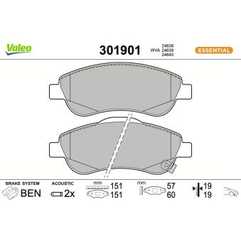 Jeu de 4 plaquettes de frein avant VALEO 301901 pour FIAT DOBLO 2.2 i-DTEC - 150cv