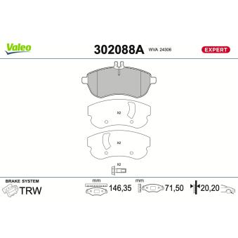 Jeu de 4 plaquettes de frein avant VALEO 302088A pour CITROEN BX E 200 CGI - 184cv