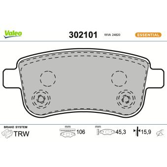 Jeu de 4 plaquettes de frein arrière VALEO 302101 pour SAAB 93 1.6 E85 - 110cv