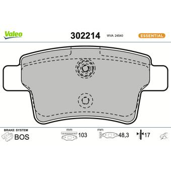 Jeu de 4 plaquettes de frein arrière VALEO 302214 Jeu de 4 plaquettes de frein arrière VALEO 302214