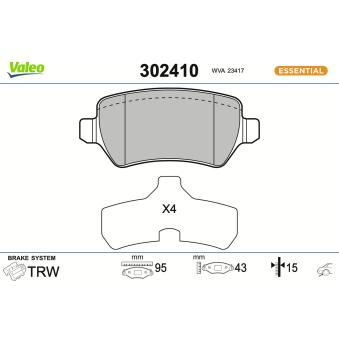 Jeu de 4 plaquettes de frein arrière VALEO 302410 pour SAAB 95 1.7 CDTI - 110cv
