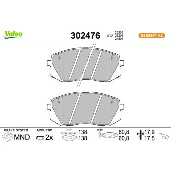 Jeu de 4 plaquettes de frein avant VALEO 302476 pour DODGE NEON 1.6 CRDi 110 - 110cv