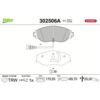 Jeu de 4 plaquettes de frein avant VALEO 302506A pour SEAT ALTEA S3 quattro - 310cv