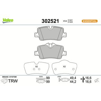 Jeu de 4 plaquettes de frein arrière VALEO 302521 pour BMW Série 3 320 d Mild-Hybrid - 190cv