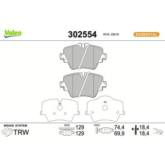 Jeu de 4 plaquettes de frein avant VALEO 302554 pour VOLKSWAGEN SCIROCCO Cooper S - 192cv