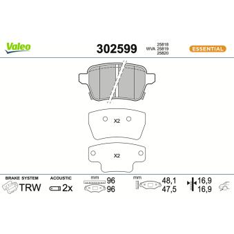 Jeu de 4 plaquettes de frein arrière VALEO OEM 95517078