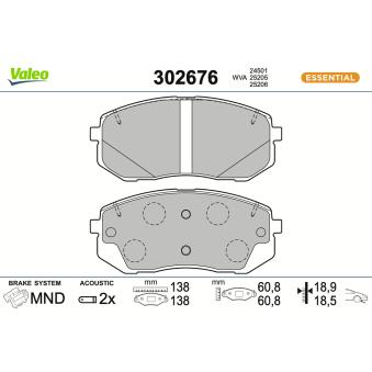 Jeu de 4 plaquettes de frein avant VALEO 302676 pour HYUNDAI TUCSON 1.6 CRDi Traction intégrale - 116cv
