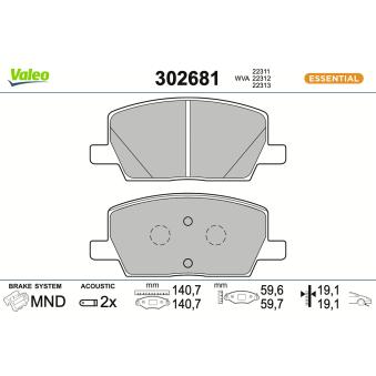 Jeu de 4 plaquettes de frein avant VALEO 302681 pour CHEVROLET TRAX 1.4 - 140cv