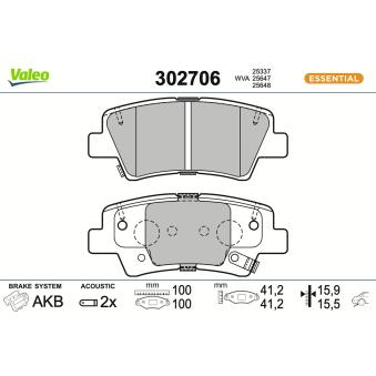 Jeu de 4 plaquettes de frein arrière VALEO 302706 Jeu de 4 plaquettes de frein arrière VALEO 302706