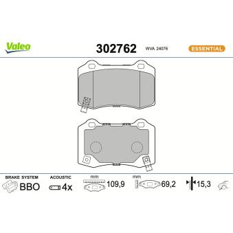 Jeu de 4 plaquettes de frein arrière VALEO 302762 pour CHEVROLET CAMARO 6.2 - 432cv