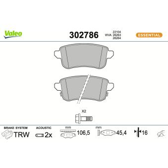 Jeu de 4 plaquettes de frein arrière VALEO 302786 pour RENAULT TALISMAN 1.6 dCi 160 - 160cv