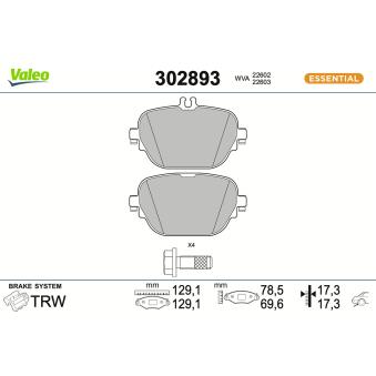 Jeu de 4 plaquettes de frein arrière VALEO 302893 pour MAZDA 6 E 450 EQ Boost - 367cv