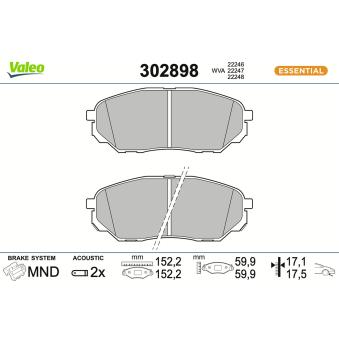 Jeu de 4 plaquettes de frein avant VALEO 302898 pour KIA SORENTO 3.5 D-CVVT 4WD - 249cv