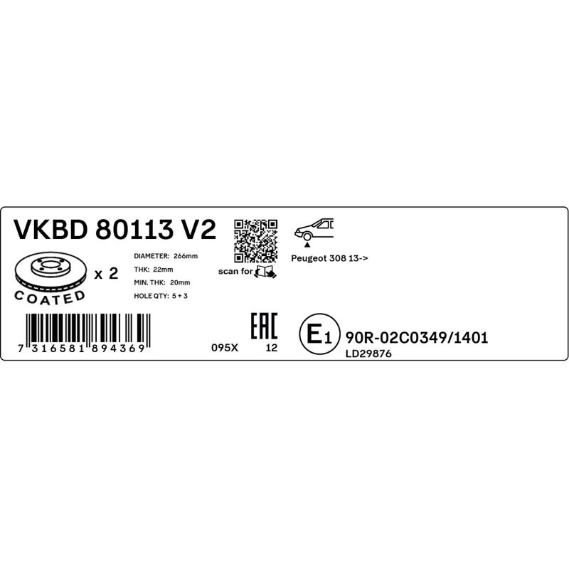 Jeu de 2 disques de frein avant SKF VKBD 80113 V2 - Visuel 2