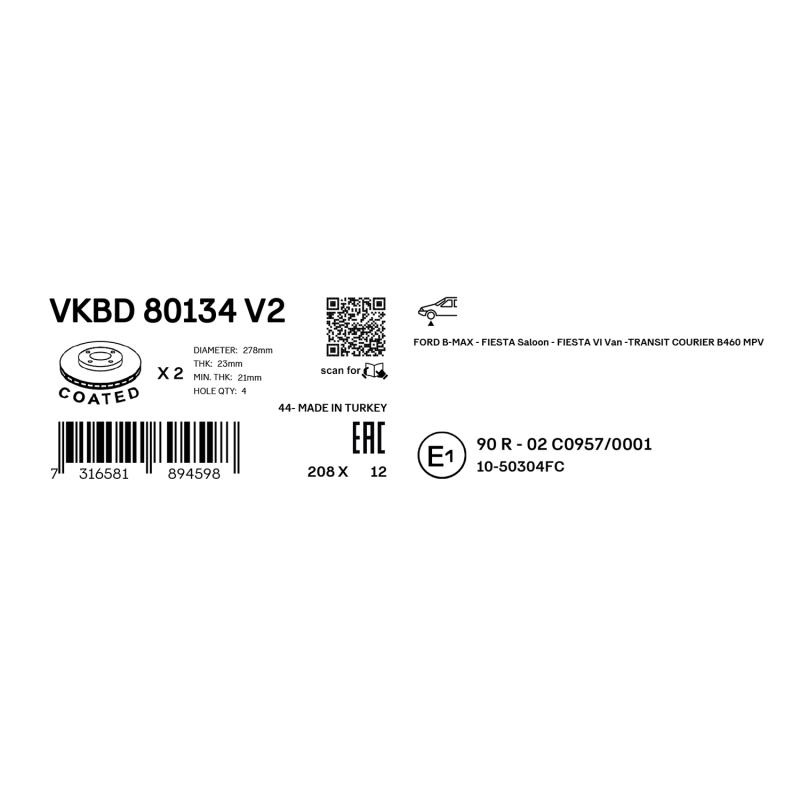 Jeu de 2 disques de frein avant SKF VKBD 80134 V2 - Visuel 2