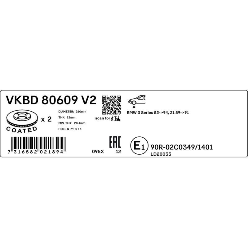 Jeu de 2 disques de frein avant SKF VKBD 80609 V2 - Visuel 2