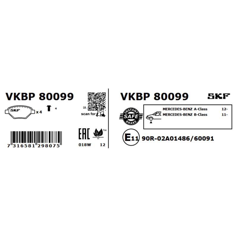 Jeu de 4 plaquettes de frein avant SKF VKBP 80099 - Visuel 2