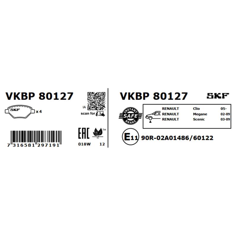 Jeu de 4 plaquettes de frein avant SKF VKBP 80127 - Visuel 2