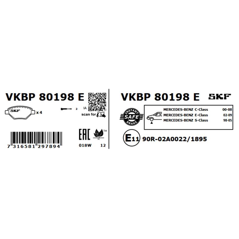 Jeu de 4 plaquettes de frein avant SKF VKBP 80198 E - Visuel 2