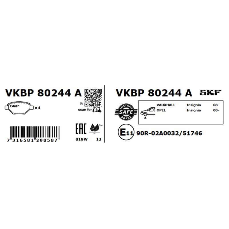Jeu de 4 plaquettes de frein avant SKF VKBP 80244 A - Visuel 2
