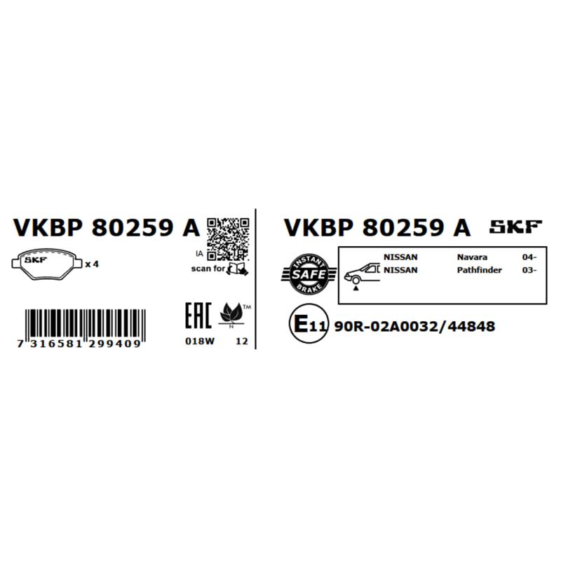 Jeu de 4 plaquettes de frein avant SKF VKBP 80259 A - Visuel 2